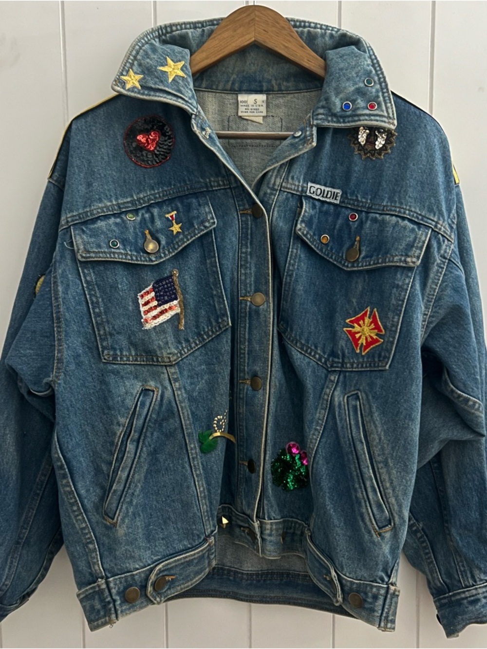 VTG Goldie Utility Embellished Denim Jacket Sequin Patch USA Oversized S 80s 90s